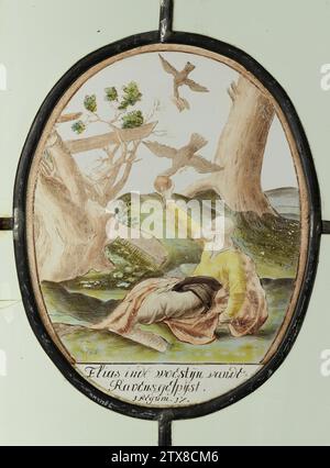 Fenster mit elias in der Wüste, anonym, ca. 1600 - ca. 1650 Ovales Buntglasfenster, auf dem Elias in der Wüste dargestellt ist. Mit der Überschrift „Elias im Woestyn der Raben“. Glas. Blei (Metall). Silberfleck. Ovales Buntglasfenster, auf dem Elias in der Wüste dargestellt ist. Mit der Überschrift „Elias im Woestyn der Raben“. Glas. Blei (Metall). Silberfleck. Stockfoto