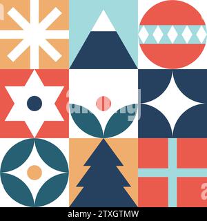 Weihnachtsmuster im Bauhaus-Stil – trendige Mosaikstruktur. Nahtloses geometrisches Muster mit winterlichen Elementen. Weihnachtsdekoration im skandinavischen Stil. Neujahrsstruktur. Stock Vektor