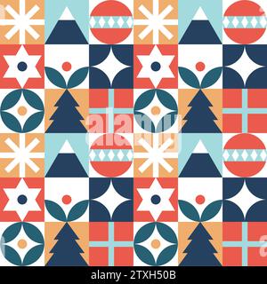 Weihnachtsmuster im Bauhaus-Stil – trendige Mosaikstruktur. Nahtloses geometrisches Muster mit winterlichen Elementen. Weihnachtsdekoration im skandinavischen Stil. Neujahrsstruktur. Stock Vektor