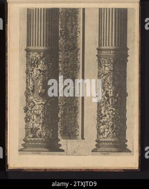 Twee „Säulen wurden getragen“ in einer Komposition en korinthische Orde, 1565 zwei „Columnae Caelatae“: Die untere Hälfte einer korinthischen und zusammengesetzten Säule, verziert mit Rollen und Beschlägen und Grotesken. Hinter der linken Säule befindet sich ein Teil einer verkleideten Säule, in der Teig, Mascarons und Girlanden sichtbar sind. Auf dem Ausdruck wurde zweimal eine Skala angezeigt. Der Ausdruck ist Teil eines Albums. Antwerpener Papier mit zwei „Columnae Caelatae“: Die untere Hälfte einer korinthischen Säule und einer Kompositsäule, verziert mit Walzen und Beschlägen und Grotesken. Hinter der linken Säule befindet sich ein Teil einer verkleideten Säule mit Teig, Mascaron Stockfoto