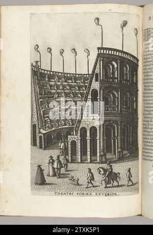 Theater van de Vrede (Außenansicht), 1594, 1594 - 1595 Van Vrede Theater (Außenansicht), naar Het Colosseum Rome. OPGERICHT AAN AUF MEIR. Onderdeel Van de Beschrijving van de Species van aartshertog Ernst Antwerpen, 18. Juli 1594, Door John Boche, Beschreibung der öffentlichen Glückwünsche, Spektakel und Spiele in der Ankunft Sereniss. Prinz Ernest Archiducis Austria, ex Plantiniana, Antwerpen 1595. Druckerei: Südhollandspublisher: Antwerpener Papierätzer Kolosseum. Antwerpen Van Vrede Theater (Exterieur), naar Het Colosseum Rom. OPGERICHT AAN AUF MEIR. Onderdeel Van de Beschrijving van de Species V Stockfoto