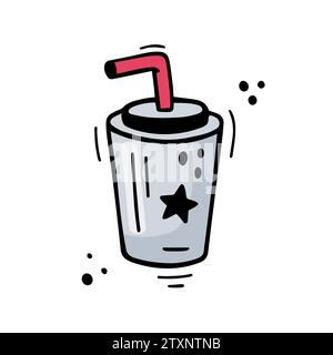 Handgezeichnetes Fast-Food-Getränk in Papierbecher mit Trinkstroh. Skizze von Limonade im Plastikbecher. Illustration von Fast Food-Getränken im Doodle-Stil. Buntes Getränk im Pappbecher. Stock Vektor