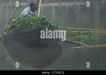 Ein Arbeiter sammelt Plankton an einem nebeligen Morgen am MBB College Lake in Agartala. Tripura, Indien. Stockfoto