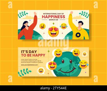 Happiness Day Horizontal Banner Flat Cartoon Hand Gezeichnete Vorlagen Hintergrund Illustration Stock Vektor
