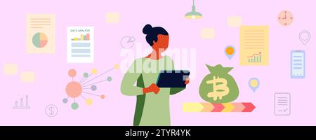 Geschäftsmann mit Tablet-Multitasking-Fähigkeiten, Laptop, Hinweis. Berechnung der Einnahmen und Aufwendungen. Zeichentrickgrafik-Vektor-Illustration Stock Vektor