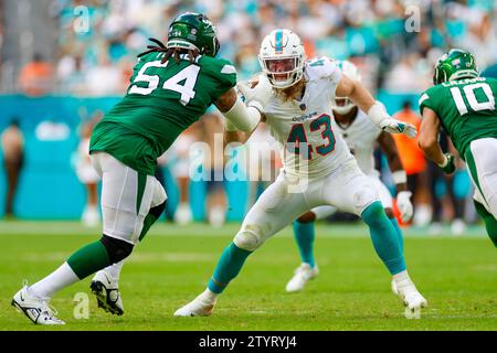 Miami Dolphins Linebacker Andrew Van Ginkel (43) stürzt während eines regulären Saisonspiels der NFL gegen die New York Jets am Sonntag, den 17. Dezember 2023, in Har Stockfoto