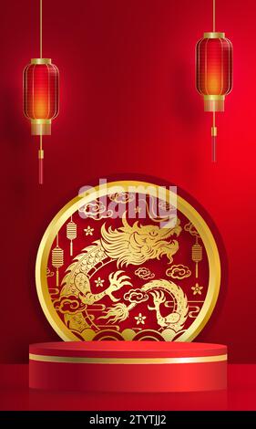 3D-Podium-Runde Bühne für glückliches chinesisches Neujahr 2024 Dragon Zodiac Zeichen, auf farbigem Hintergrund (Chinesisch Übersetzung: Glückliches neues Jahr 2024, Jahr des Drago Stock Vektor