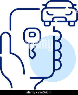 Car-Sharing-Anwendung. Hand hält ein Telefon. Entriegelung mit elektronischem Schlüssel. Symbol für perfekte Pixel Stock Vektor