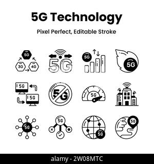 Verbessern Sie Ihr Designspiel mit unseren 5G-Netzwerksymbolen und verleihen Sie Ihren Projekten einen futuristischen Touch und modernste Ästhetik. Stock Vektor