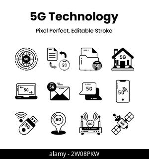 Revolutionieren Sie Ihre Designs mit unseren 5G-Netzwerk-Icons inspirieren Sie zu Innovationen und vermitteln Sie mit einer kuratierten Kollektion von fortschrittlichen Technologien das wesentliche Stock Vektor