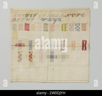 Merklap und Stop Patch aus mehrfarbiger Seide und Baumwolle auf Baumwolle, ca. 1880 - ca. 1900 Merklap und Stop Patch aus Seide und Baumwolle auf Baumwolle. Die Stickerei hat das Alphabet und verschiedene Stopps zweimal. Nordholland Seide. Baumwoll (Textil) Stickerei Merklap und Stop Patch aus Seide und Baumwolle auf Baumwolle. Die Stickerei hat das Alphabet und verschiedene Stopps zweimal. Nordholland Seide. Stickerei aus Baumwolle (Textil) Stockfoto