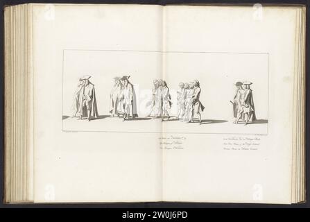Leiche von Willem IV, 1752, Platte 33, 1754 - 1755 Mitglieder des Stabes der Niederlande und des Stabes des Obersten Gerichtshofs. Am Rand der Titel in Niederländisch, Französisch und Englisch. Teil einer Serie von 41 Platten des Trauerprozesses von Stadholder Wilhelm IV. In Delft am 4. Februar 1752. Oben rechts nummeriert: 33. In der gebundenen Ausgabe von 1755. Druckerei: Nordhollandspublisher: Der Haguepublisher: Die Haager Papierätzung / Gravur Delft Mitglieder des Stabes der Staaten von Holland und des Stabes des Obersten Gerichtshofs. Am Rand der Titel in Niederländisch, Französisch und Stockfoto