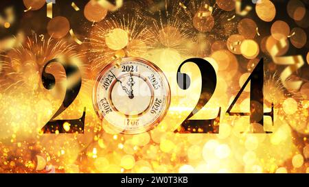 Neujahr 2024 Mit Golden Bokeh Lights, Feuerwerk Und Konfetti, Konzept. Vintage Clock Zeigt Auf 2024, Kreative Idee. Stockfoto