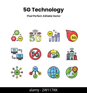 Verbessern Sie Ihr Designspiel mit unseren 5G-Netzwerksymbolen und verleihen Sie Ihren Projekten einen futuristischen Touch und modernste Ästhetik. Stock Vektor