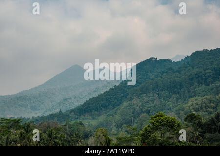 Tauchen Sie ein in den majestätischen Charme in der Nähe von Bandung, Indonesien, mit einem gezoomten Panorama, das die ätherischen nebelbedeckten Berge und den dichten Wald erfasst Stockfoto