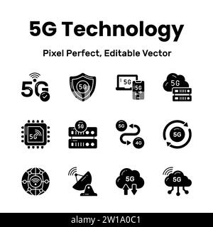 Entfesseln Sie Kreativität mit unseren 5G-Netzwerksymbolen. Bestärken Sie Ihre Grafikfunktionen mit schlanken und modernen Symbolen, die die Leistung von Hochgeschwindigkeitsverbindungen symbolisieren. Stock Vektor