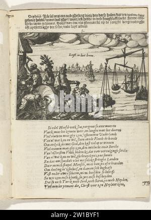 Orpheus zeigt den Wohlstand von Amsterdam, 1625, 1625 Orpheus zeigt den Wohlstand von Amsterdam. Links eine Schmiede, ein Mühlstein, Händler und Waffen. Richtige Waage in der Hand Gottes. Auf den Umzugsschiffen auf See. Nordniederländische Papierätzung / Buchdruck Orpheus zeigt den Wohlstand Amsterdams. Links eine Schmiede, ein Mühlstein, Händler und Waffen. Richtige Waage in der Hand Gottes. Auf den Umzugsschiffen auf See. Nordholländische Papierätzung/Buchdruck Stockfoto