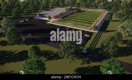 Illustration Aerial masterplan Fußball - Fußballfeld Training Sport komplexer Standortplan mit realistischer 3D-Rendering-Architektur Stockfoto