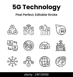 Verbessern Sie Ihr Designspiel mit unseren 5G-Netzwerksymbolen und verleihen Sie Ihren Projekten einen futuristischen Touch und modernste Ästhetik. Stock Vektor