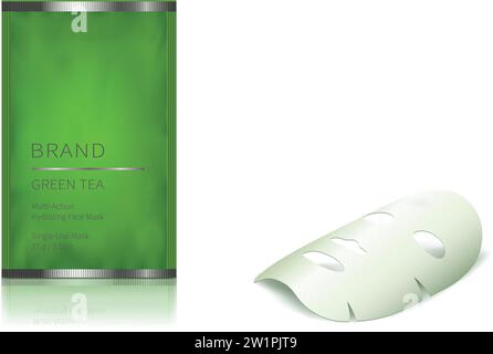 Kosmetisch realistischer Vektorsatz. Grüner Beutel und Gesichtsmaske mit Kräuterextrakten isoliert auf weißem Hintergrund, Bio-Kosmetik, natürliche Formel für Hautpflege. Modeschöpfer für Werbung Stock Vektor
