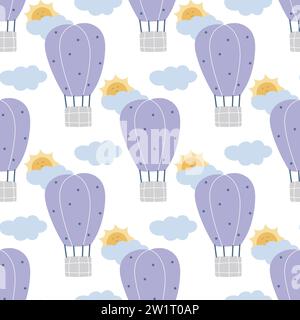 Nahtloses Heißluftballon-Muster. Hintergrund mit Sonne, Wolken und fliegendem Luftschiff. Netter Pastelldruck für Babytextilien, Tapeten, Design, Vektor Stock Vektor