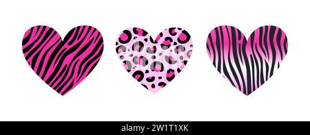Herzensset zum Valentinstag. Trendiges Rosa. Y2K-Stil. Mit animalischem Muster. Zebra, Leopard, Tiger. Safari. Für Aufkleber, Poster, Postka Stock Vektor