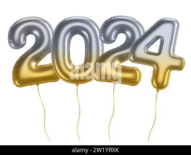 Feiertagshintergrund Happy New Year 2024. Jahreszahlen 2024 Goldener und silberner Ballon auf weißem Hintergrund mit Beschneidungspfad. Wir feiern das neue Jahr Stockfoto