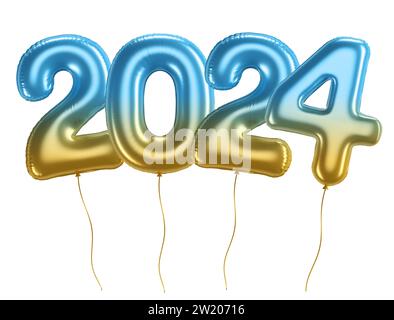 Feiertagshintergrund Happy New Year 2024. Jahreszahlen 2024 Goldener und blauer Ballon auf weißem Hintergrund mit Beschneidungspfad. Wir feiern das neue Jahr Stockfoto