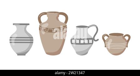 Antike griechische Vasen und Töpfe isoliert. Keramikvasen Kollektion. Illustration Des Zeichentrickvektors. Einfache Töpfergefäße Im Antiken Stil. Stock Vektor