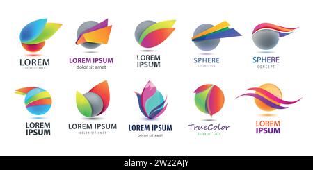 Vektorsatz von 3D-Logos mit Kugel, rund, Kreis. Geometrische Ballformen, Kugel, Geschäftskonzepte für Reisen. Stock Vektor