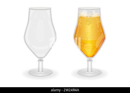 Biergläser isoliert. Leerer und voller Lagerbecher. Hoher Becher mit Bein für Bier. Klare leere und schäumende Goldtrinkstemware Set. Vektor-Illustration Stock Vektor