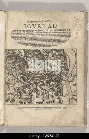 Belagerung von Ostende: Titeldruck mit Kämpfen und Explosionen unter den Hochburgen, 1604, 1601 - 1604 Titeldruck mit Kämpfen und drei großen Explosionen unter den Hochburgen durch Unterminierung, 1604. Über dem Druck der Titel des Buches, am unteren Rand der Impressum, in deutscher Sprache. Teil der Illustrationen in einer Zeitschrift zur Belagerung von Ostend 1601–1604. Niederländer Papierätzung / Buchdruck Oostende Titeldruck mit Kämpfen und drei großen Explosionen unter den Hochburgen durch Untergrabung, 1604. Über dem Druck der Titel des Buches, am unteren Rand der Impressum, in deutscher Sprache. Teil des i Stockfoto