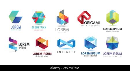 Vektorsatz abstrakter Origami, geometrische Logos. Design-Elemente für Unternehmen, Sechskantformen, grafische Schilder Stock Vektor