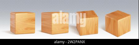 3D-Holzwürfel isoliert auf transparentem Hintergrund. Vektor-realistische Illustration von kubischen Blöcken aus Naturholz mit Eiche Textur, Kinderspielzeug Stock Vektor