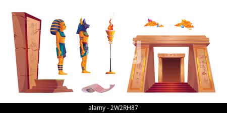 Set aus ägyptischen Pyramiden-Innenarchitektur-Elementen isoliert auf weißem Hintergrund. Vektor-Karikaturillustration des alten Pharaonengruft, alte Bilder o Stock Vektor