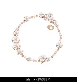 Aquarellkreisrahmen aus zarten Baumwollblumen, Kinderperlen und einem Boho-Holzvogel. Handgezeichnet in pastellrosa und beigefarbenen Tönen für Baby Stockfoto