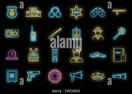 Symbole für Polizeidienstgeräte gesetzt. Umrisssatz von Polizeistation Ausrüstung Vektorsymbole Neonfarbe auf Schwarz Stock Vektor