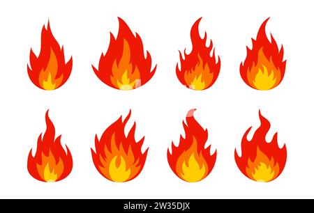 Feuersymbole. Set mit leuchtenden Flammen und Feuersymbolen. Sammlung von Brandzeichen. Vektorabbildung Stock Vektor