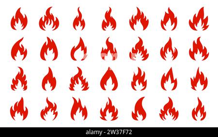 Feuersymbole. Set mit leuchtenden Flammen und Feuersymbolen. Sammlung von Brandzeichen. Vektorabbildung Stock Vektor