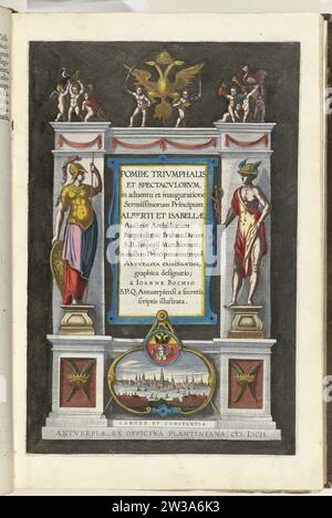 Titeldruck zur Beschreibung des Eintrags von Albrecht und Isabella in Antwerpen, 1599, 1600 - 1602 Titeldruck zur Beschreibung des Eintrags von Albrecht und Isabella in Antwerpen, Dezember 1599. Titeldruck mit dem lateinischen Titel in einem architektonischen Rahmen mit Minerva und Mercury auf beiden Seiten. In den ersten drei Gruppen spielen Putti, unten ein Gesicht auf Antwerpen. Teil von: Historica Narratio Profectionis et inaugurationis Serenissimorum Belgii Principum Alberti et Isabellae Austriae Archiducum, Beschreibung des Eingangs des Ehepaares in Brüssel, Antwerpen, Gent und Valenciennes, 1599. pri Stockfoto