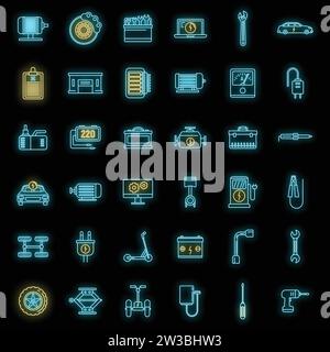 Symbole für die Reparatur von Elektrofahrzeugen gesetzt. Umrisssatz von Vektorsymbolen für die Reparatur von Elektrofahrzeugen Neonfarbe auf Schwarz Stock Vektor