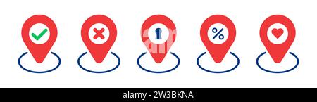 Abbildung: Satz von gps-Markierungen. Abbrechen, Ablehnen, Geolokalisierung, Sperren, Kennwort, Verifizierung der Emoji-Laderate Vektorsymbole Stock Vektor