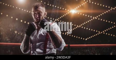 Bilder eines bärtigen Mannes in einem weißen Hemd und roten Hosenträgern im Ring. Das Konzept der Faust unterirdischen Kämpfe. Gemischte Medien Stockfoto