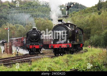 North Yorkshire Moors Railway, 50th Anniversary Steam Gala, 2023 – Lokomotiven 5428 Eric Treacy und Nummer 2392 in Levisham Stockfoto