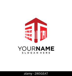 Selbstspeicherung Logo Design Vorlage mit Buchstabe T. sichere Lagerung Garage Vektor Illustration mit Konzept der Vorhängeschloss und Garage Symbol Kombination. Stock Vektor
