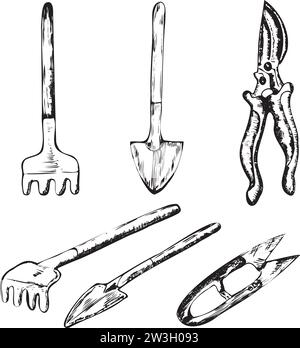 Handgezeichnete Tintenabbildungen. Ein Satz Gartenwerkzeuge, Kellen, Heckenscheren, Rechen. Vektorabbildung Stock Vektor