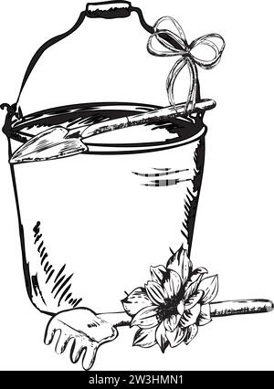 Handgezeichnete Tintendarstellung. Ein Eimer mit Gartenrechen und Kelle mit einer Blume. Vektorabbildung Stock Vektor