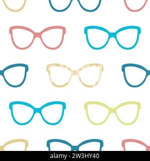 Kindfarbene Brillen nahtloses Muster. Hintergrundbrille mit blauen, gelben, roten und grünen Rahmen. Kontinuierlicher Druck für Design, Vektorillustration Stock Vektor
