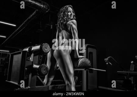 Charmante Brünette, die Hyperextension im Fitnessstudio macht. Rückpumpen. Rückansicht. Fitness- und Bodybuilding-Konzept. Gemischte Medien Stockfoto