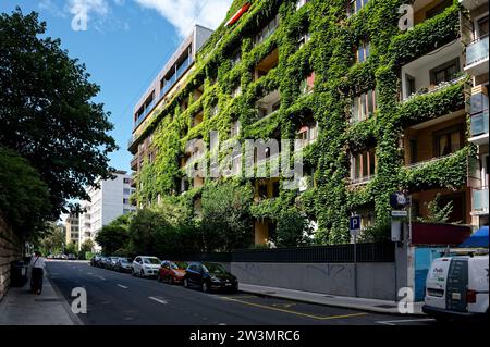 Die Fassade eines großen Wohngebäudes ist mit üppigem Laub geschmückt, das in warmes Nachmittagslicht getaucht ist und leuchtende Grüntöne hervorhebt, während Autos vorbeischlängeln. Stockfoto